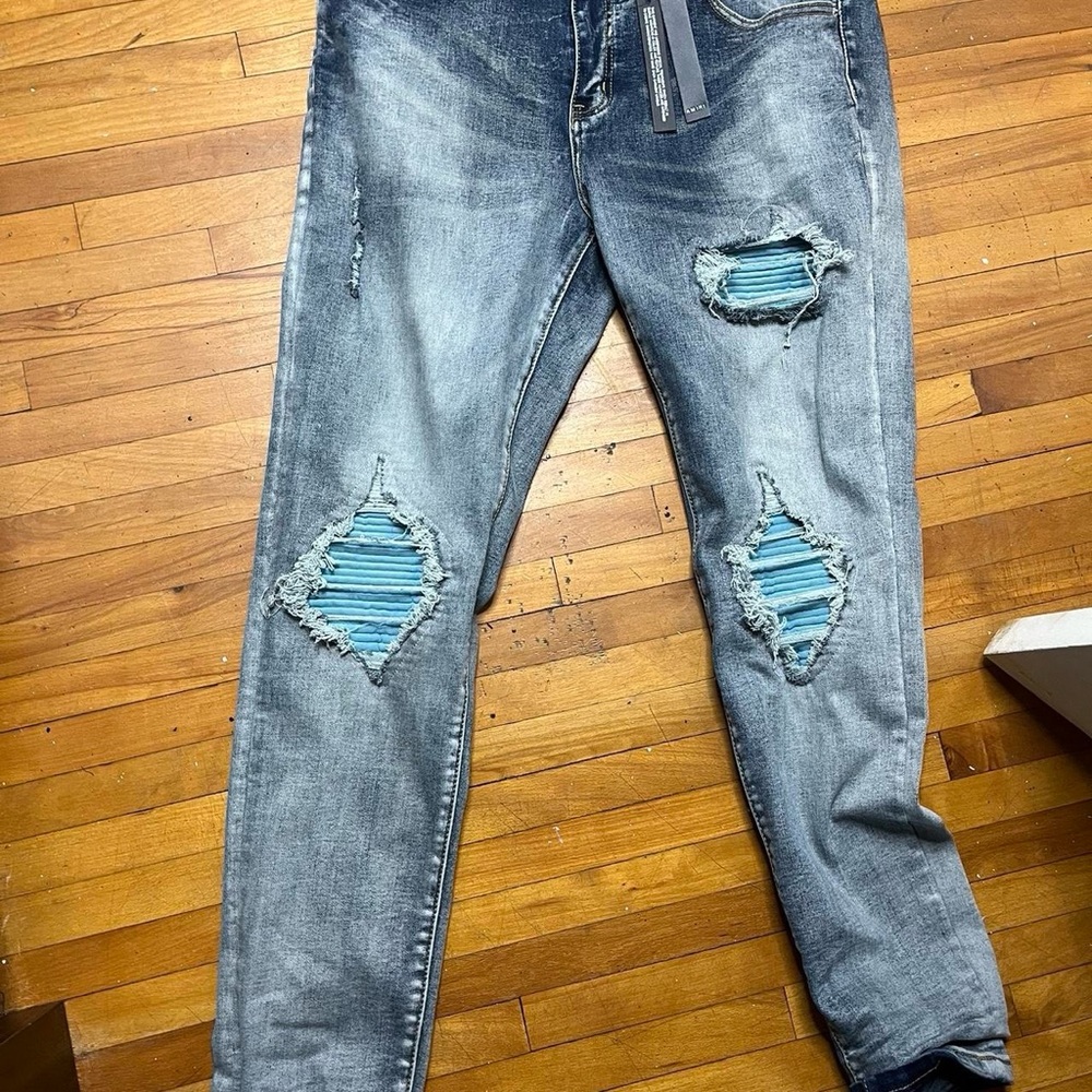 AMIRI Mx1 Blue Leather Patch Skinny Jeans